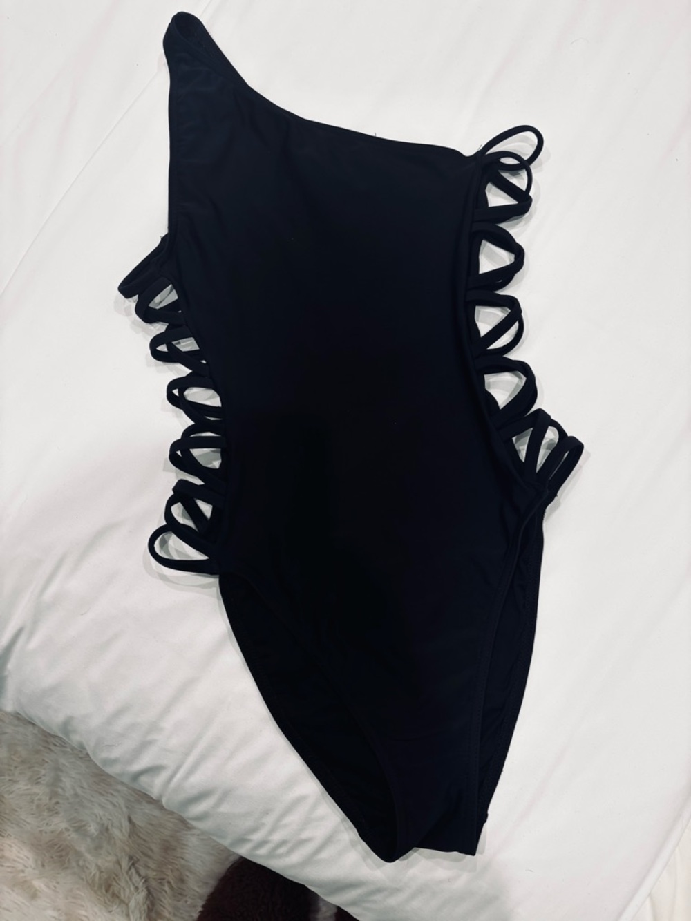 Asymmetrical Black One-Shoulder One-Piece with Side Loop Cutouts